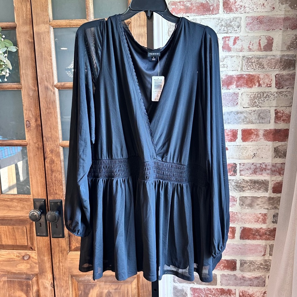 Torrid Babydoll Top Women Black Stretch Mesh Surplice L/S Whimsigoth‎ 4X 26